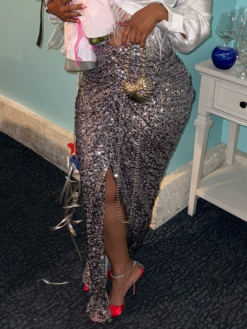 Sparkling Silver Sequin Maxi Skirt with Front Slit